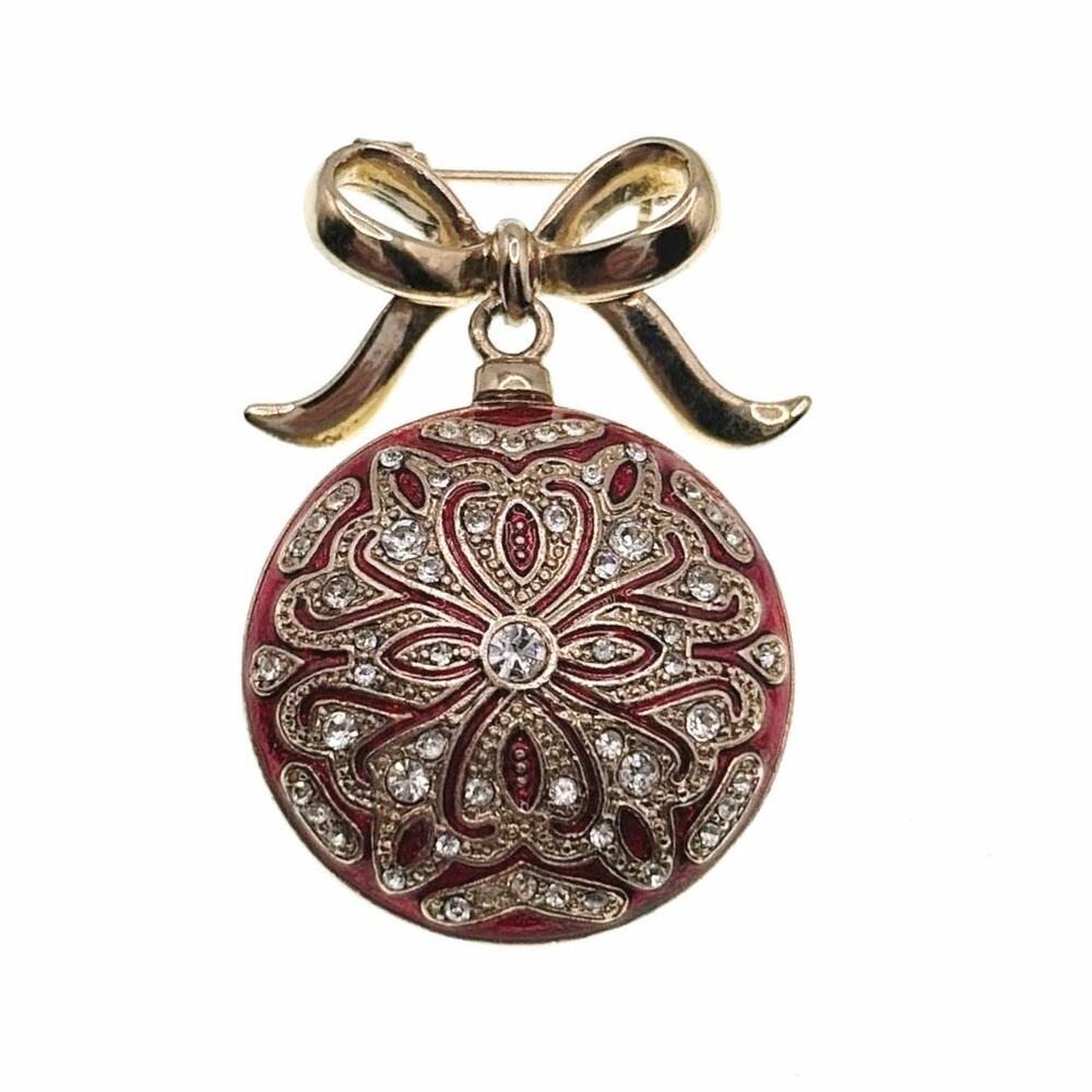 Monet vintage Pin Brooch Red Enamel and Rhinestones With Bow